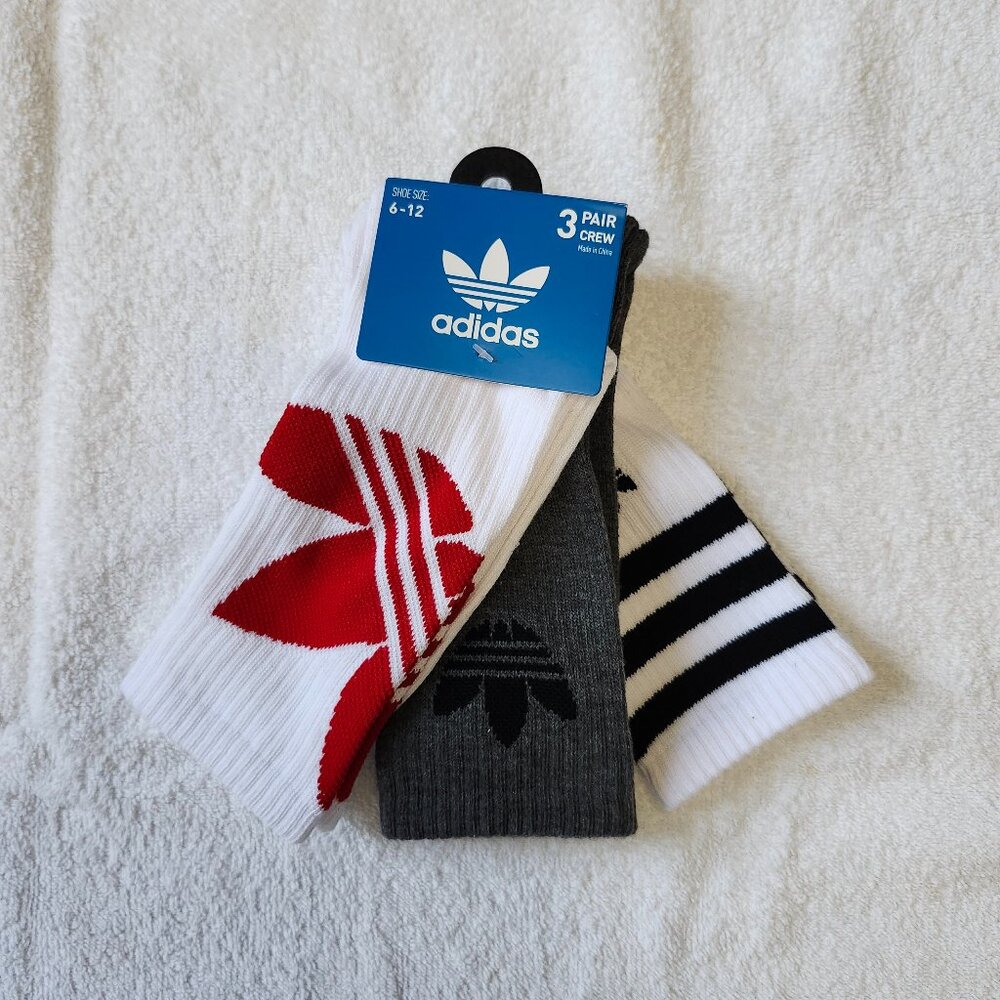 Adidas Trefoil Crew Socks, 3Pk Size 6-12 NWT